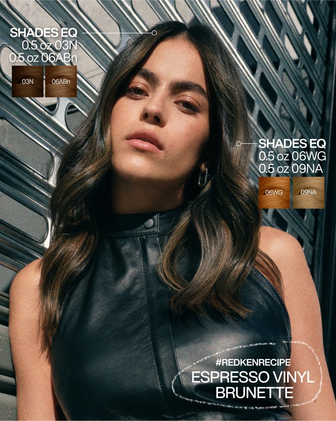 Tinte Redken Shades EQ Espresso Vinyl en cabello castaño